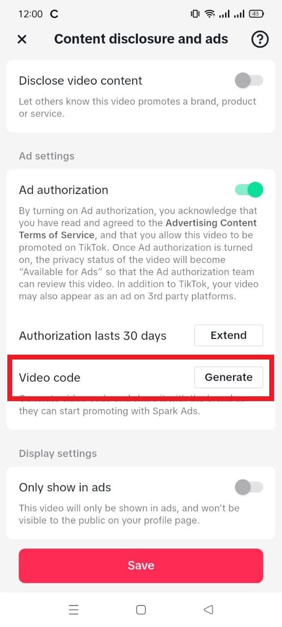 TikTok Spark Ads: video code