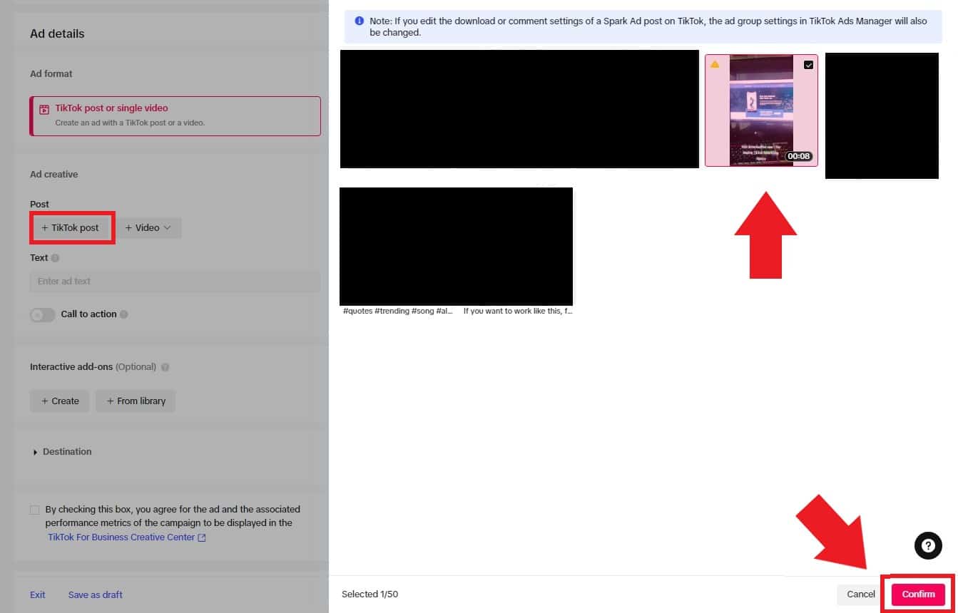 TikTok Spark Ads: click confirm
