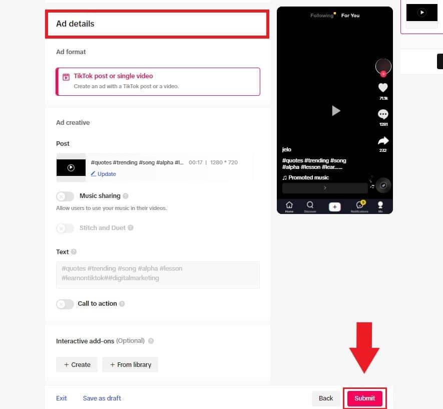 TikTok Spark Ads: click submit